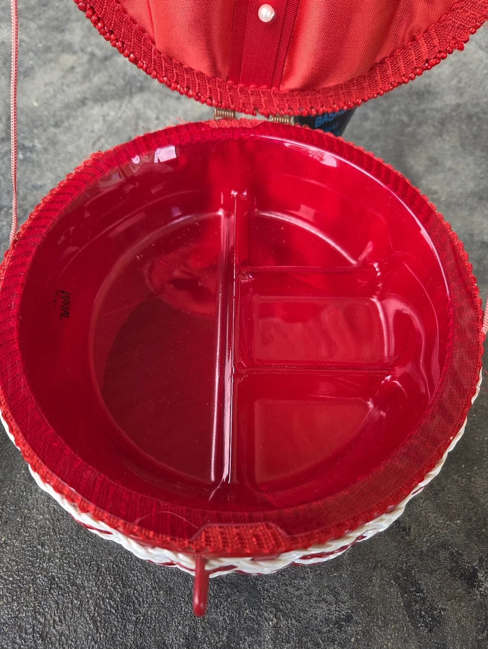 Vintage JCPenney Red and White Woven Sewing Basket with Gingham Lid